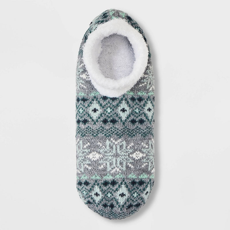 Women's Fair Isle Double Lined Cozy Booties - A New Day Teal Green/Heather Gray 4-10