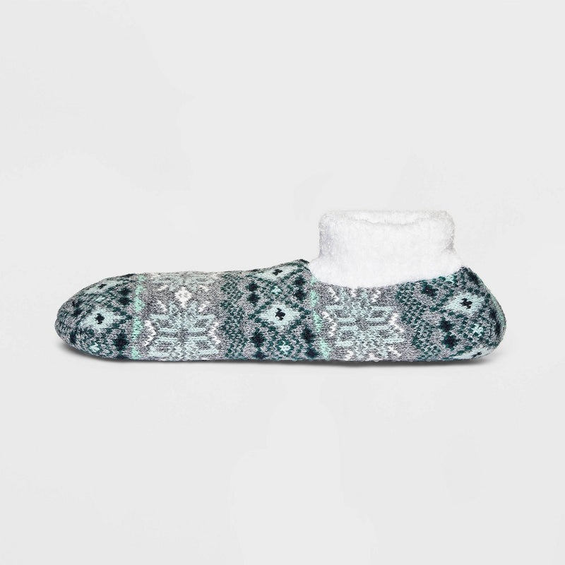 Women's Fair Isle Double Lined Cozy Booties - A New Day Teal Green/Heather Gray 4-10