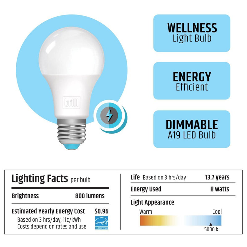 Brilli A19 60W Charge Up Energy-Boosting Dimmable LED Light Bulb White
