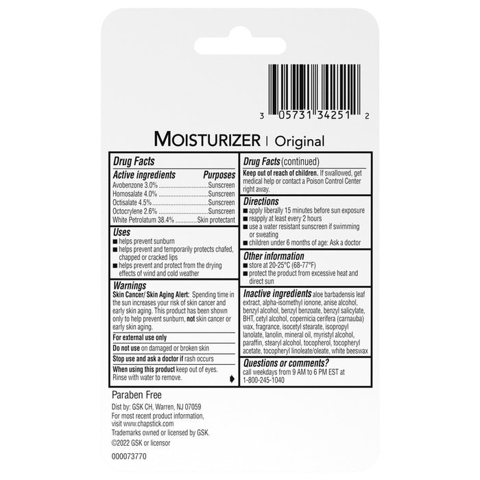 Chapstick Lip Moisturizer and Skin Protectant Lip Balm, Sunscreen, SPF 12- 3ct