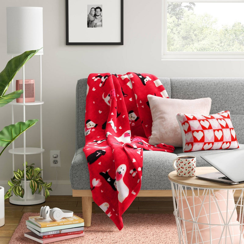 Dog Printed Plush Valentine's Day Throw Blanket Red - Room Essentials