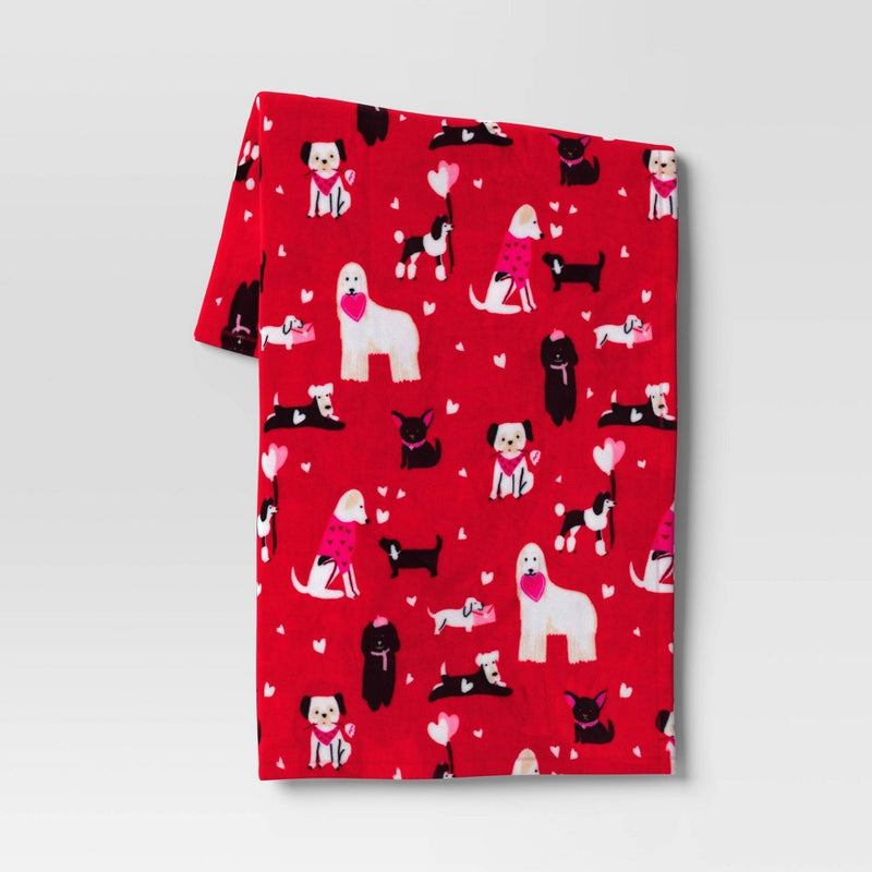 Dog Printed Plush Valentine's Day Throw Blanket Red - Room Essentials