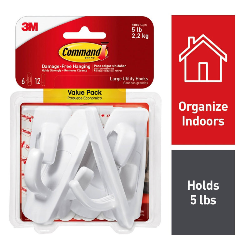 Command 6 Hooks 12 Strips Large Sized Utility Decorative Hooks Value Pack White