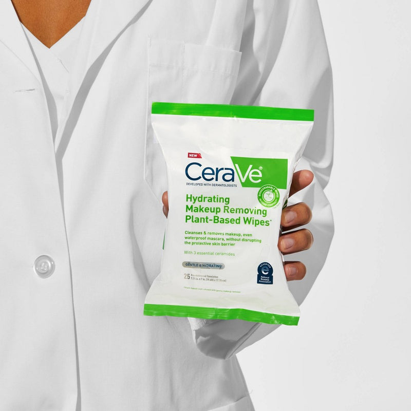 CeraVe Hydrating Makeup Remover Wipes, Plant Based Facial Cleansing Wipes for Sensitive Skin, Fragrance-Free - 25ct