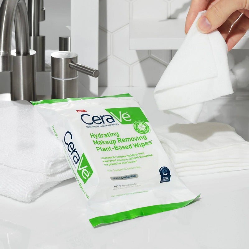 CeraVe Hydrating Makeup Remover Wipes, Plant Based Facial Cleansing Wipes for Sensitive Skin, Fragrance-Free - 25ct