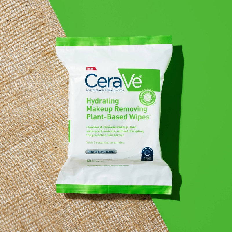 CeraVe Hydrating Makeup Remover Wipes, Plant Based Facial Cleansing Wipes for Sensitive Skin, Fragrance-Free - 25ct