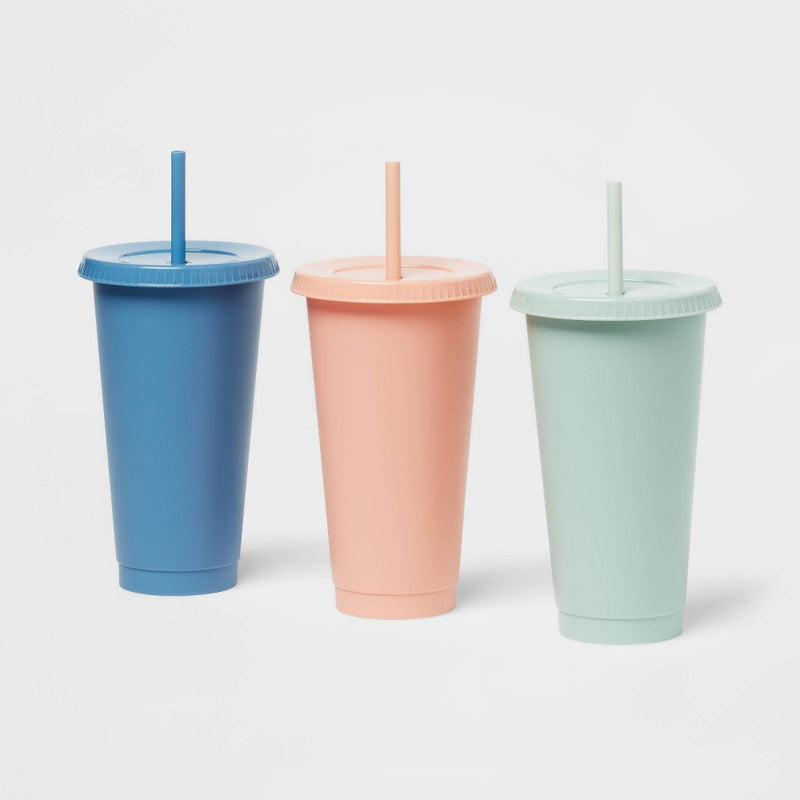 24oz Plastic 3pk Reusable Cold Cup Solid Blue/Mint/Peach - Room Essentials