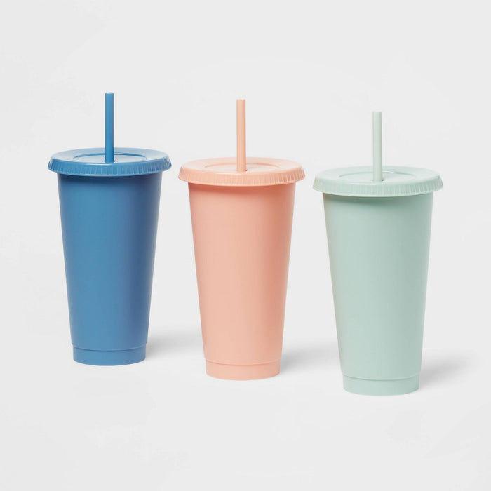 24oz Plastic 3pk Reusable Cold Cup Solid Blue/Mint/Peach - Room Essentials