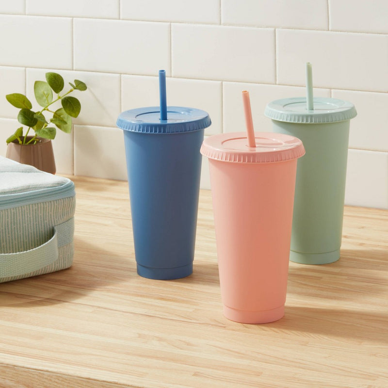 24oz Plastic 3pk Reusable Cold Cup Solid Blue/Mint/Peach - Room Essentials