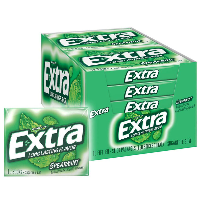 EXTRA Spearmint Sugarfree Chewing Gum, 15 Pieces (Pack Of 10)