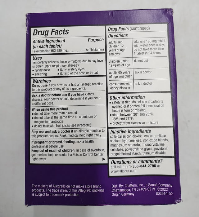 Allegra Fexofenadine 24 Hour Allergy Relief Tablets - 90ct EXP 11/2025