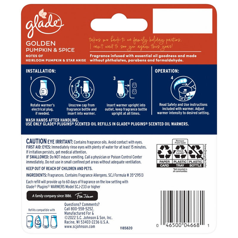 Glade PlugIns Scented Oil Air Freshener - Golden Pumpkin & Spice - 1.34oz/2pk