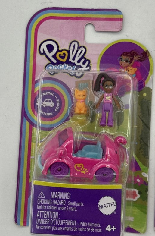 Polly Pocket Pollyville Micro Doll with Cat-Inspired Die-cast Car and Kitty