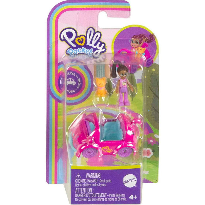 Polly Pocket Pollyville Micro Doll with Cat-Inspired Die-cast Car and Kitty Mini Figure