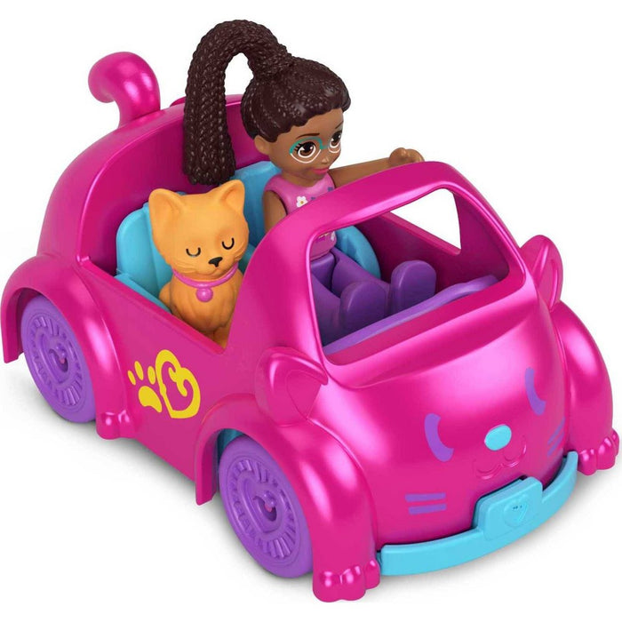 Polly Pocket Pollyville Micro Doll with Cat-Inspired Die-cast Car and Kitty Mini Figure