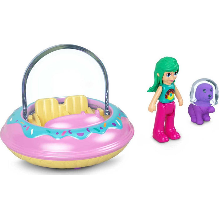 Polly Pocket Pollyville Micro Doll with Donut Spaceship and Helmet-Wearing Puppy