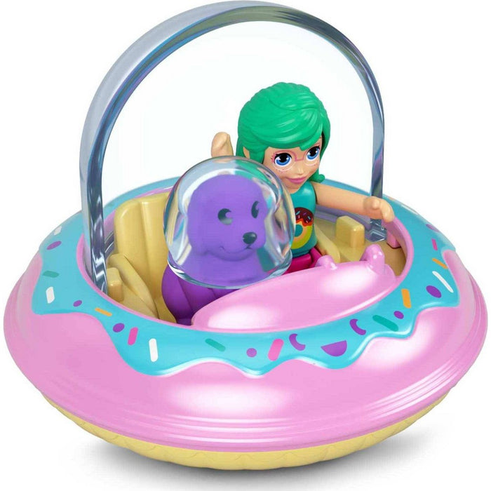 Polly Pocket Pollyville Micro Doll with Donut Spaceship and Helmet-Wearing Puppy