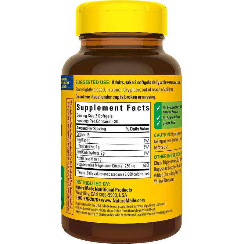Nature Made Magnesium Citrate 250mg Muscle, Nerve, Bone & Heart Support Supplement Softgel - 60ct