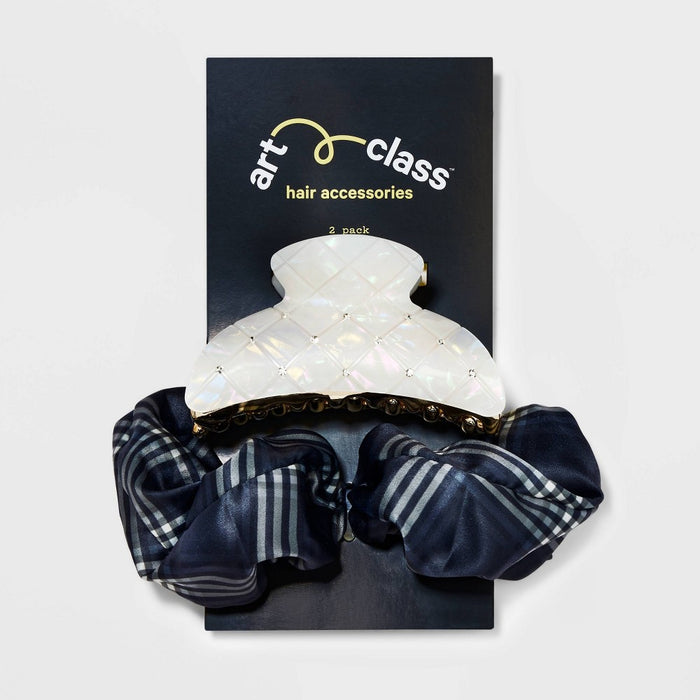 Girls' 2pk Diamond Claw Clip and Plaid Twister Set - art class Black/White