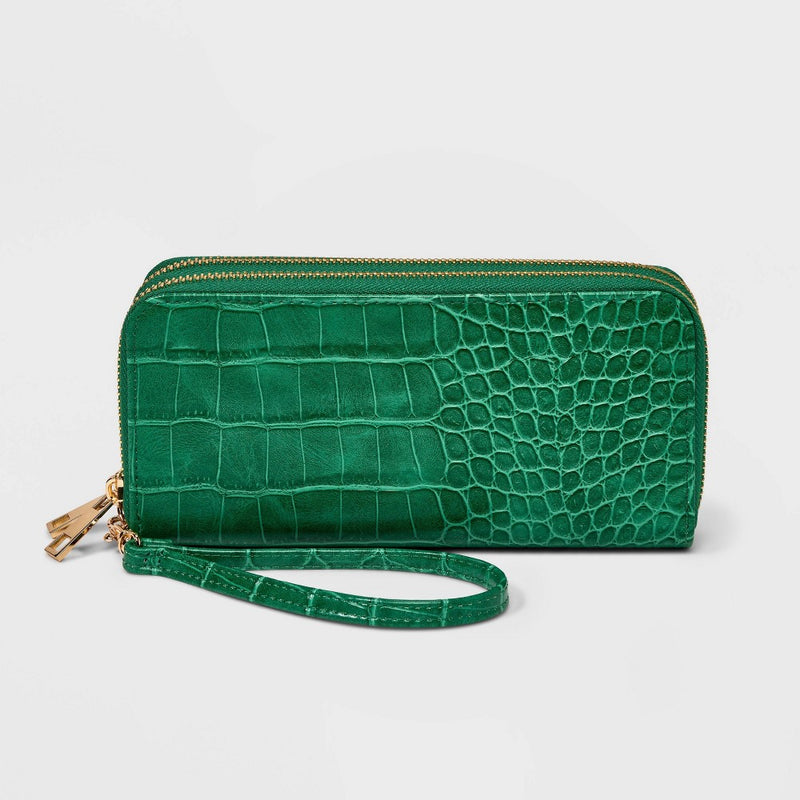 Women's Double Zip Wallet - A New Day Dark Green