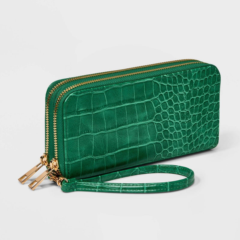 Women's Double Zip Wallet - A New Day Dark Green