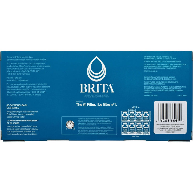 Brita Water Filter 6-Cup Denali Water Pitcher Dispenser with Standard Water Filter - White