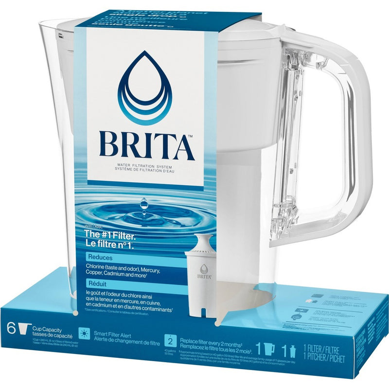 Brita Water Filter 6-Cup Denali Water Pitcher Dispenser with Standard Water Filter - White