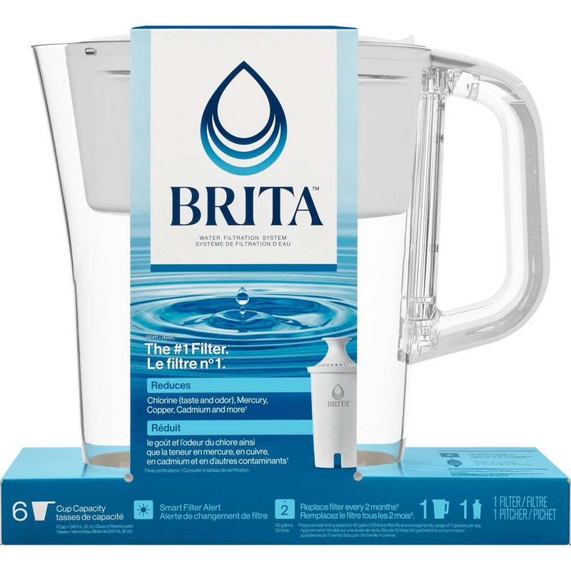 Brita Water Filter 6-Cup Denali Water Pitcher Dispenser with Standard Water Filter - White