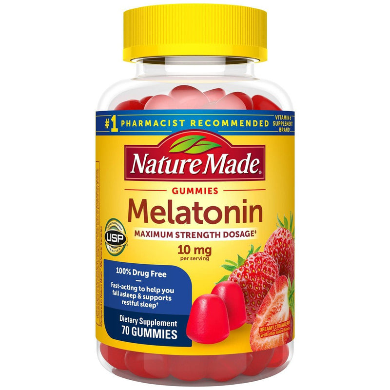 Nature Made Melatonin Maximum Strength 100% Drug Free Sleep Aid for Adults 10mg per serving Gummies - 70ct