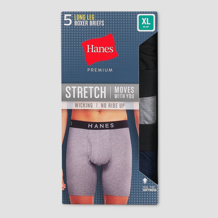 Hanes Premium Men's Stretch Long Leg Boxer Briefs 5pk - Black/Navy Blue/Gray XL