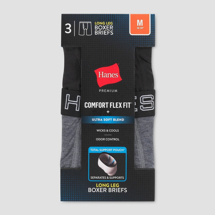 Hanes Premium Men's Long Leg Boxer Briefs with Anti Chafing Total Support Pouch 3pk - Black/Gray S