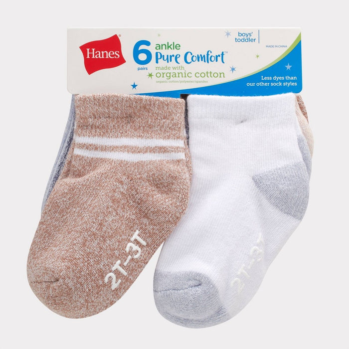 Hanes Toddler Boys' 6pk PURE Comfort with Organic Cotton Solid Ankle Socks - White/Gray 4T-5T