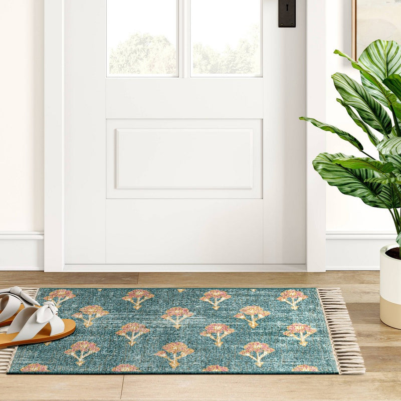 2'x3' Washable Floral Block Printed Accent Rug Blue - Threshold (LOCAL PICKUP ONLY)