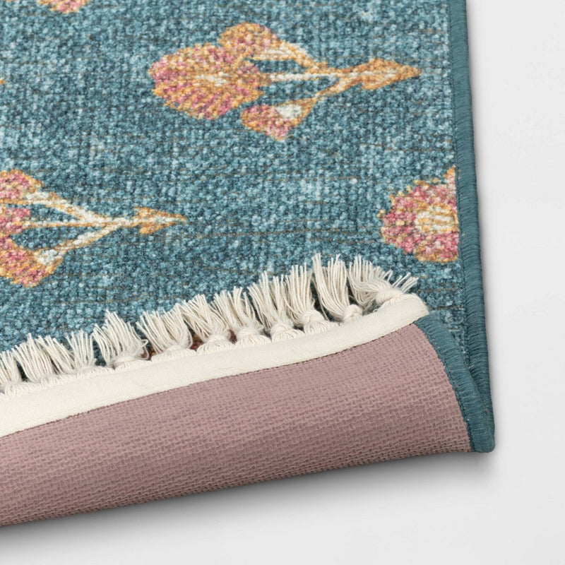 2'x3' Washable Floral Block Printed Accent Rug Blue - Threshold (LOCAL PICKUP ONLY)