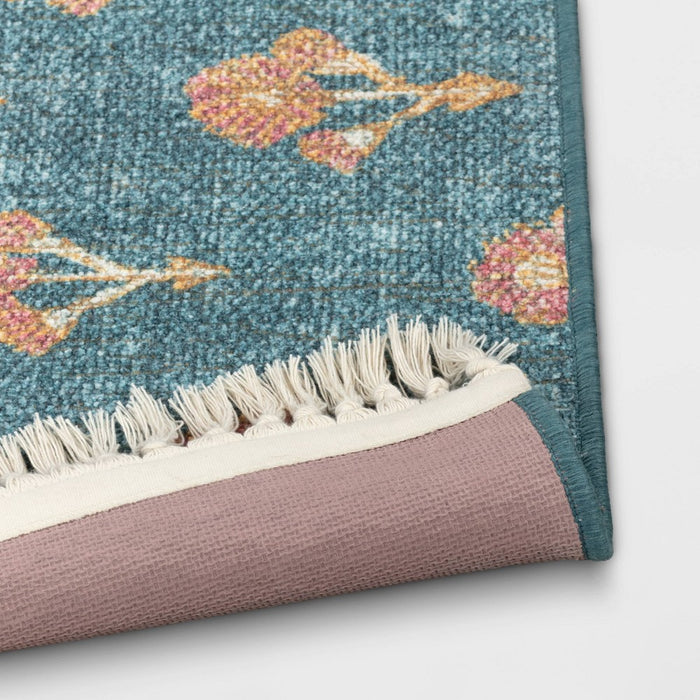 2'x3' Washable Floral Block Printed Accent Rug Blue - Threshold
