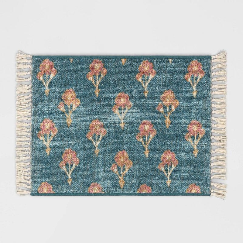 2'x3' Washable Floral Block Printed Accent Rug Blue - Threshold (LOCAL PICKUP ONLY)