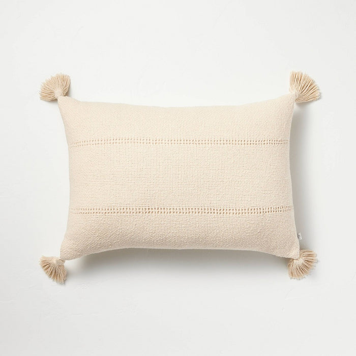 14"x20" Hem Stitch Stripe Lumbar Throw Pillow with Tassels Tan - Hearth & Hand with Magnolia