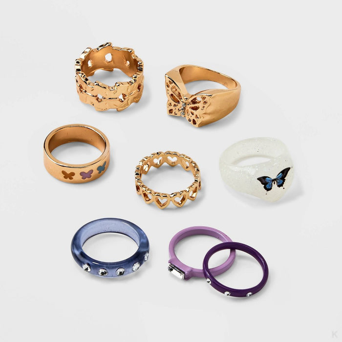 Girls' 8pk Mixed Ring Set with Butterfly Ring and Heart Band - art class