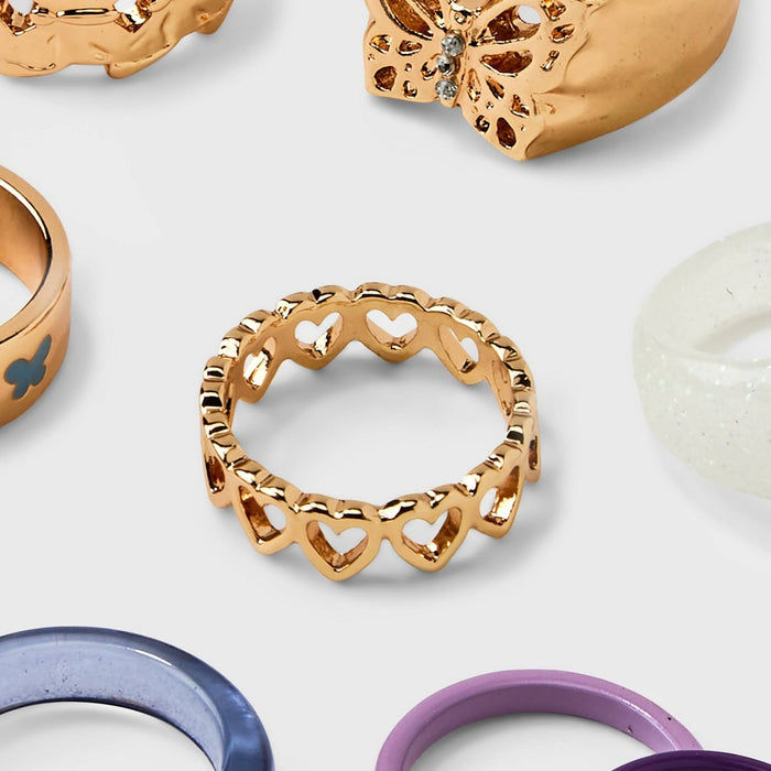 Girls' 8pk Mixed Ring Set with Butterfly Ring and Heart Band - art class