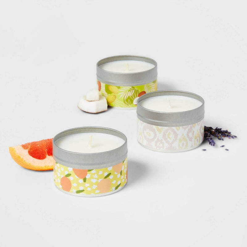 3pc Assorted Scent Mini Tin Candle Gift Set Blue Tones 12.3oz - Opalhouse