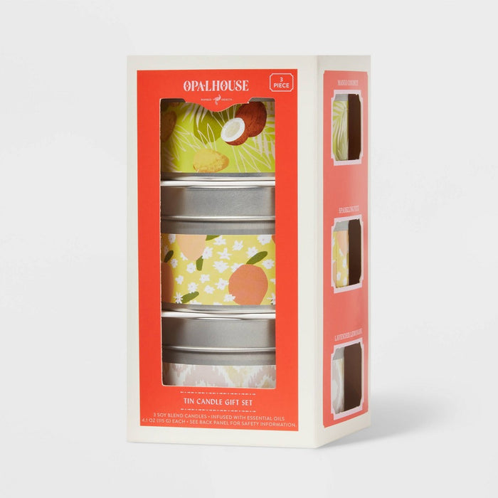 3pc Assorted Scent Mini Tin Candle Gift Set Blue Tones 12.3oz - Opalhouse