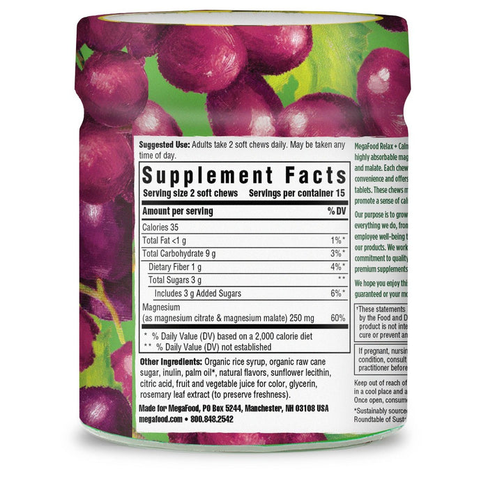 MegaFood Magnesium Supplement with Magnesium Citrate & Malate, Grape Soft Chew, Vegetarian - 30ct