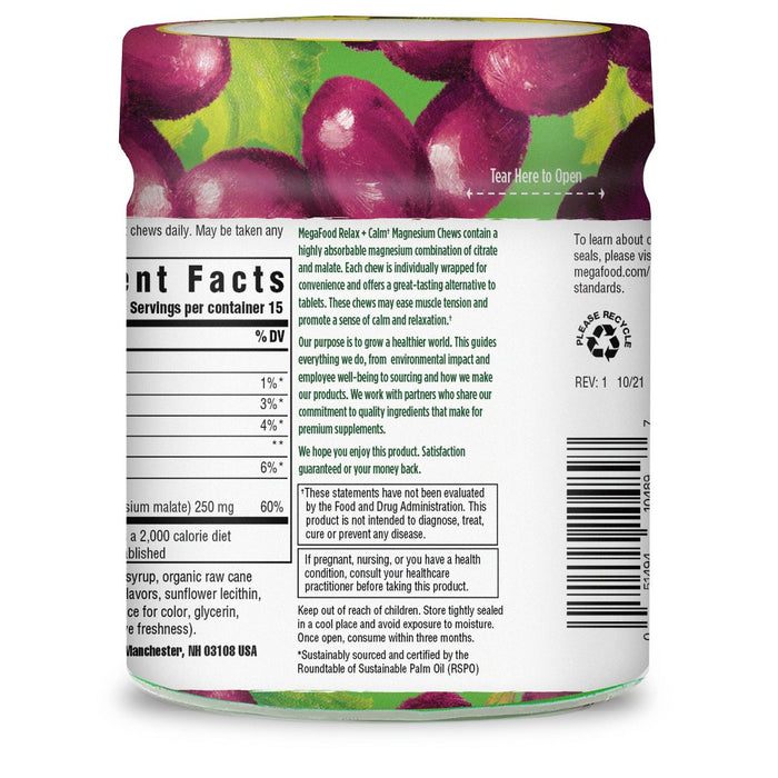 MegaFood Magnesium Supplement with Magnesium Citrate & Malate, Grape Soft Chew, Vegetarian - 30ct