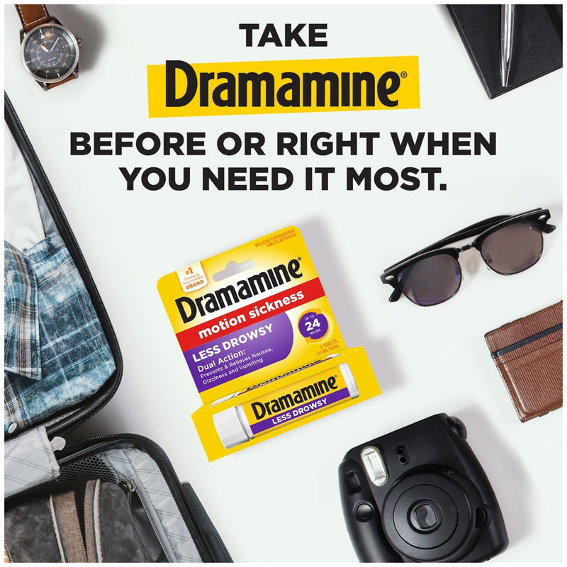 Dramamine All Day Less Drowsy Motion Sickness Relief Tablets for Nausea, Dizziness & Vomiting - 8ct