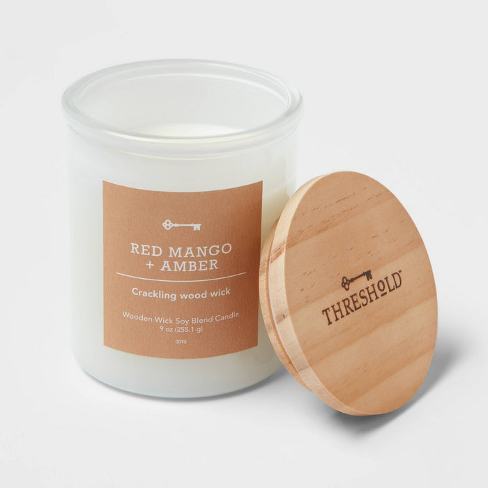Milky White Glass Red Mango and Amber Lidded Wooden Wick Jar Candle 9oz - Threshold