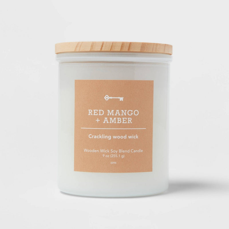 Milky White Glass Red Mango and Amber Lidded Wooden Wick Jar Candle 9oz - Threshold