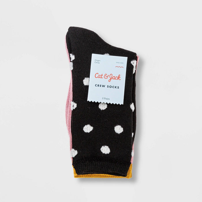 Girls' 2pk Polka Dot Soft Shimmer Crew Socks - Cat & Jack Black/Peach M