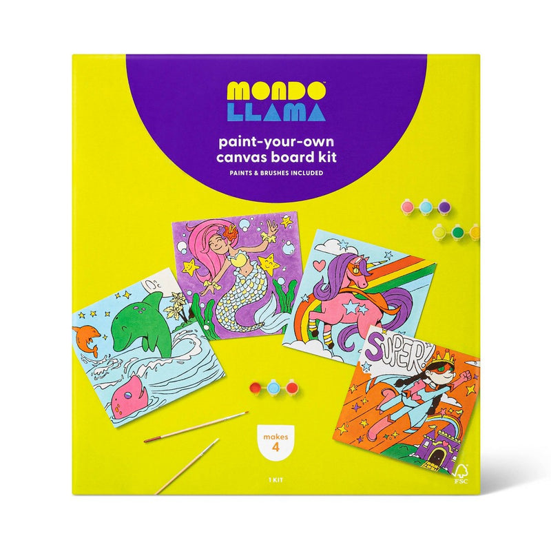 8'' x 8'' 4pk Paint-Your-Own Canvas Panel Pack Mermaid/Dolphin/Unicorn/Superhero - Mondo Llama