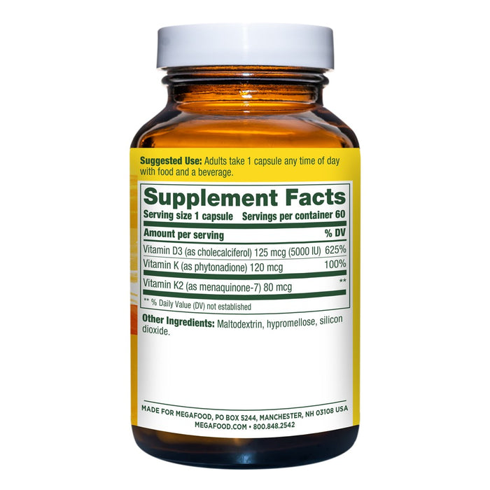 MegaFood Vitamin D3 5000 IU for Immune Support, Paired with Vitamin K + K2 Vegetarian Capsules - 60ct