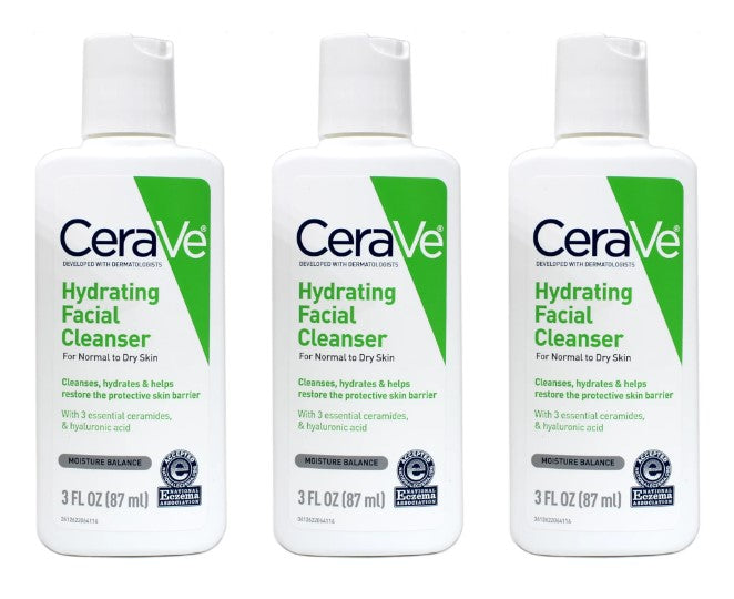 LOT OF 3 CeraVe Hydrating Facial Cleanser Hyaluronic Acid 3 fl oz